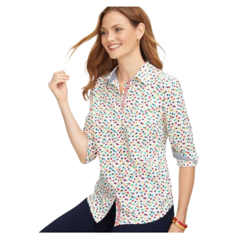 Talbots Classic Cotton Shirt with Hearts Long Sleeve Button Down Women’s Small